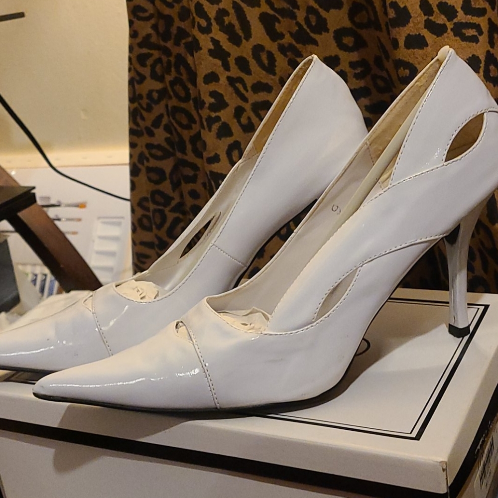 White patent leather heels